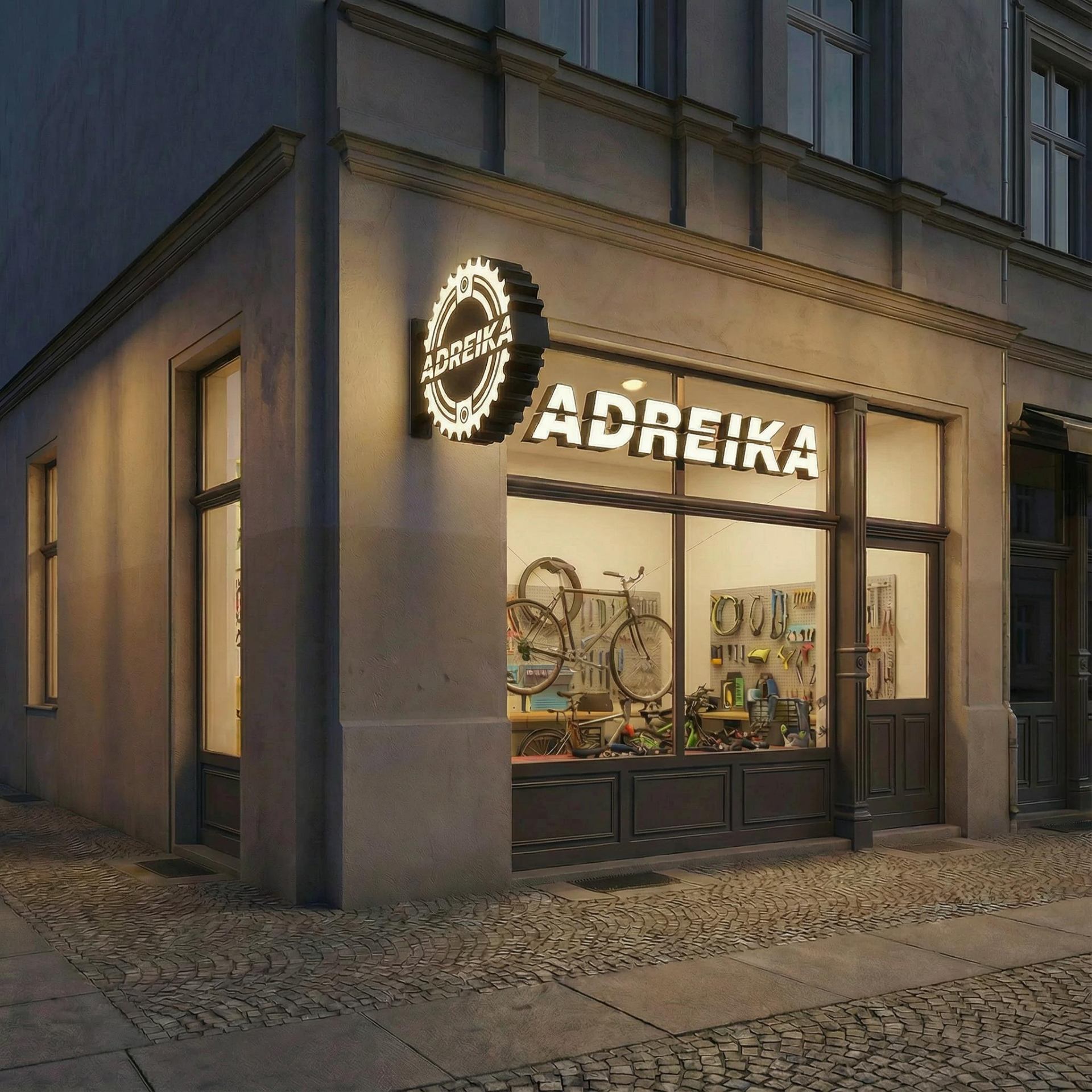 ADREIKA Werkstatt – Eckfassade mit beleuchtetem Logo