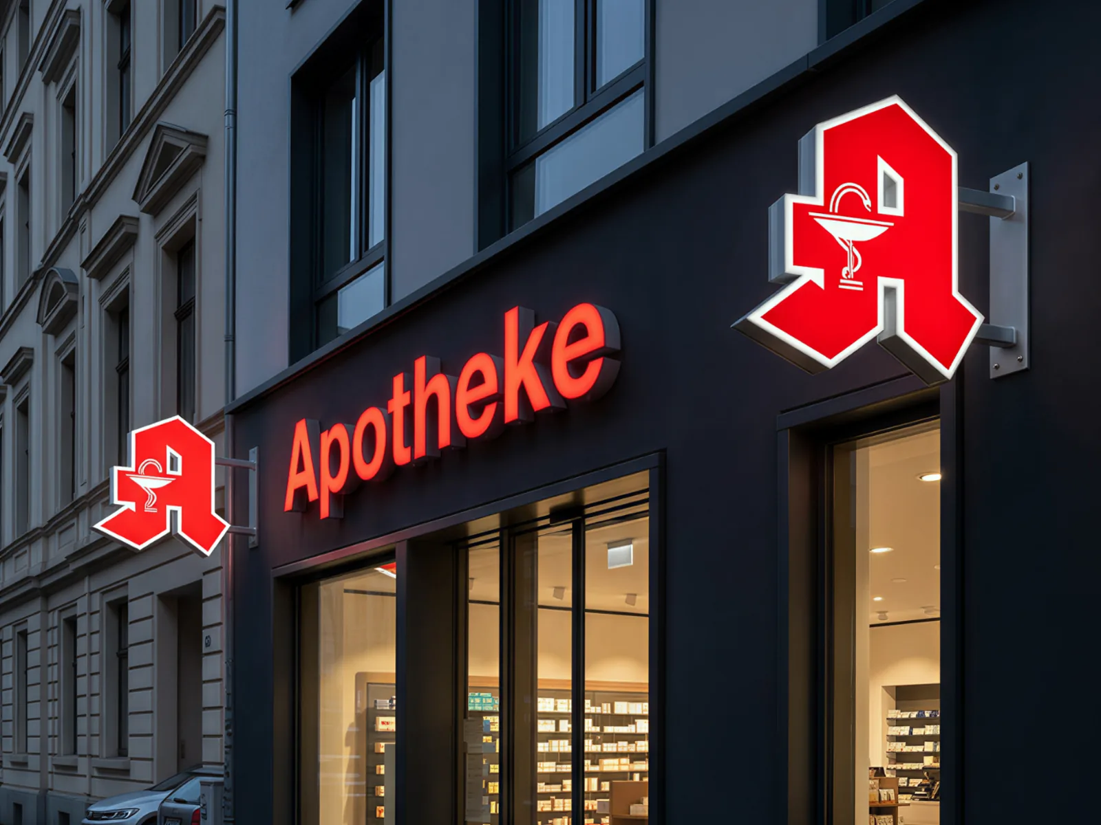 Apotheke – beleuchtete Fassade bei Nacht