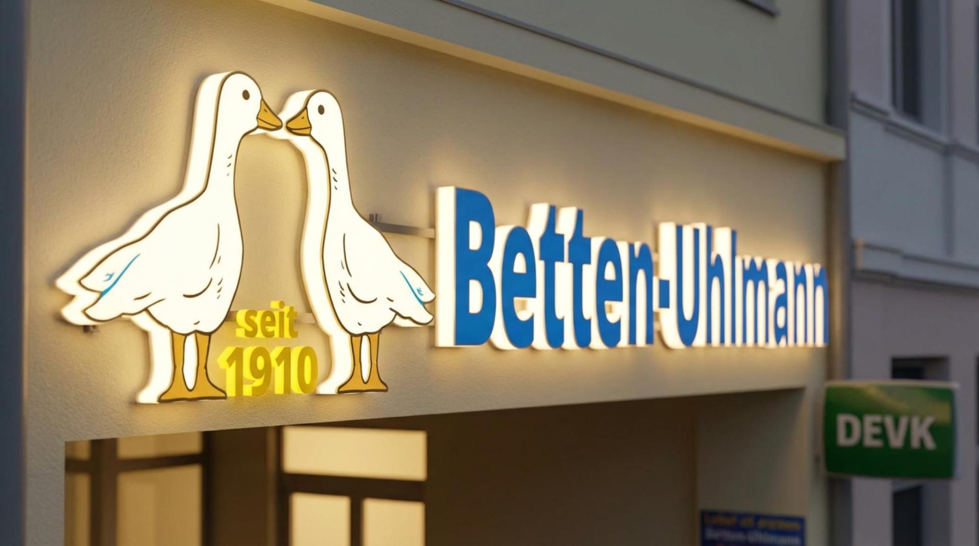 Betten-Uhlmann – große beleuchtete Fassadenbeschriftung mit Logo