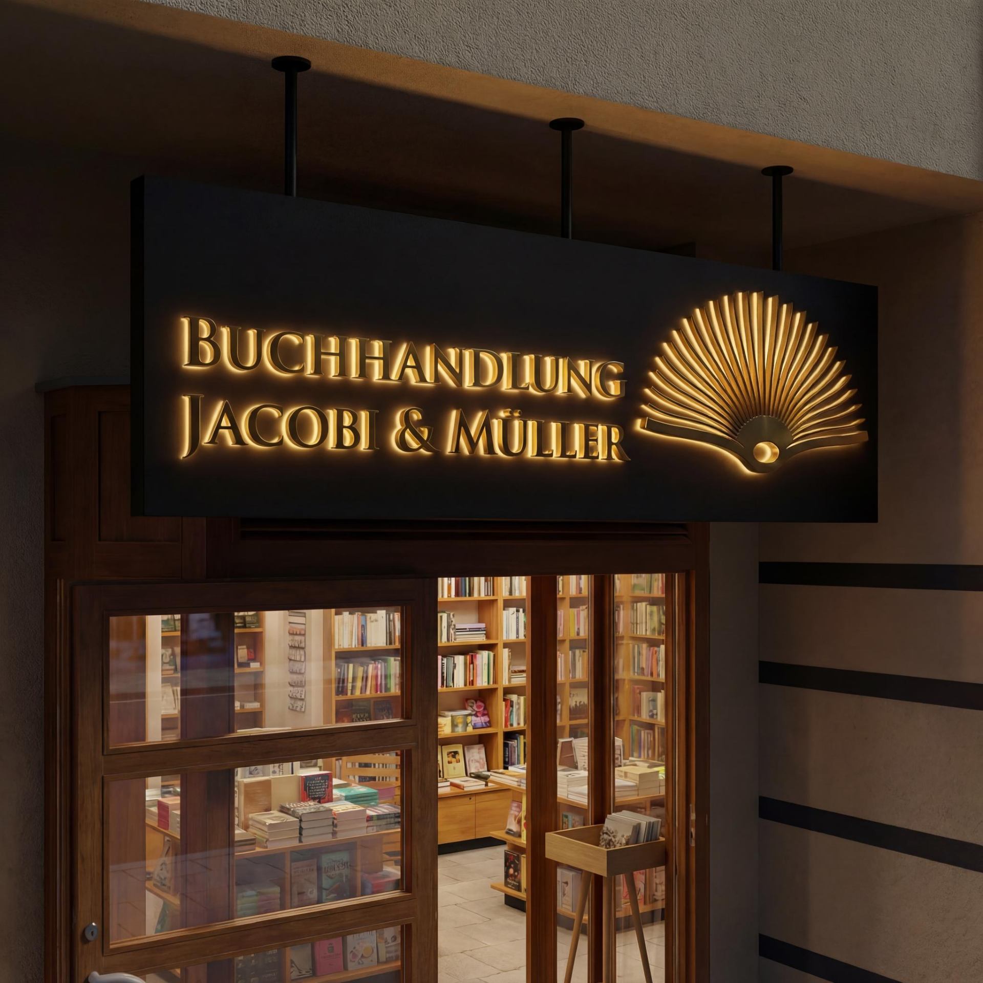 Buchhandlung Jacobi & Müller – auskragendes 3D Leuchtschild