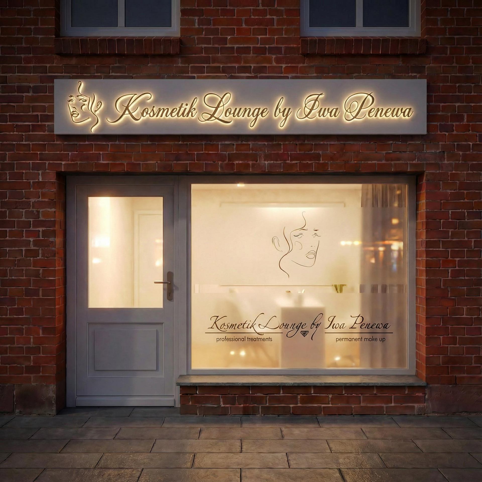 Kosmetik Lounge – beleuchtetes Schild auf Backsteinfassade