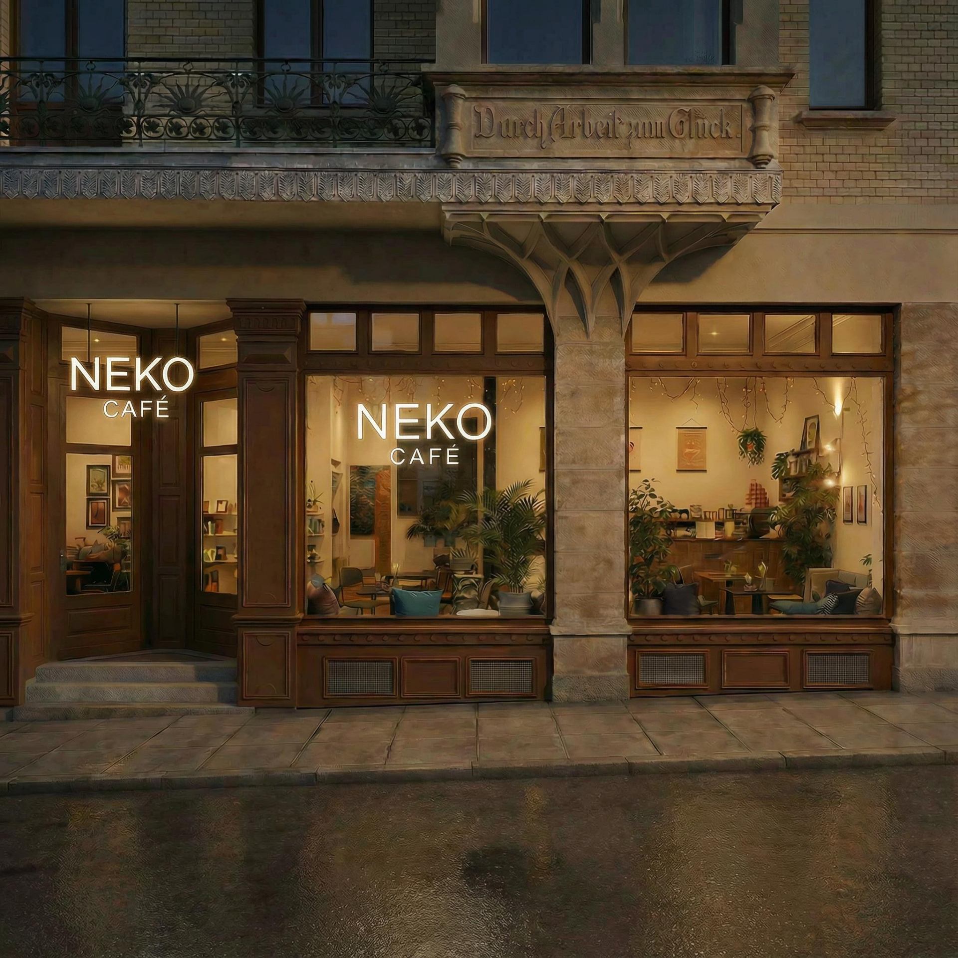 Neko Café – Schaufenster mit beleuchtetem Logo