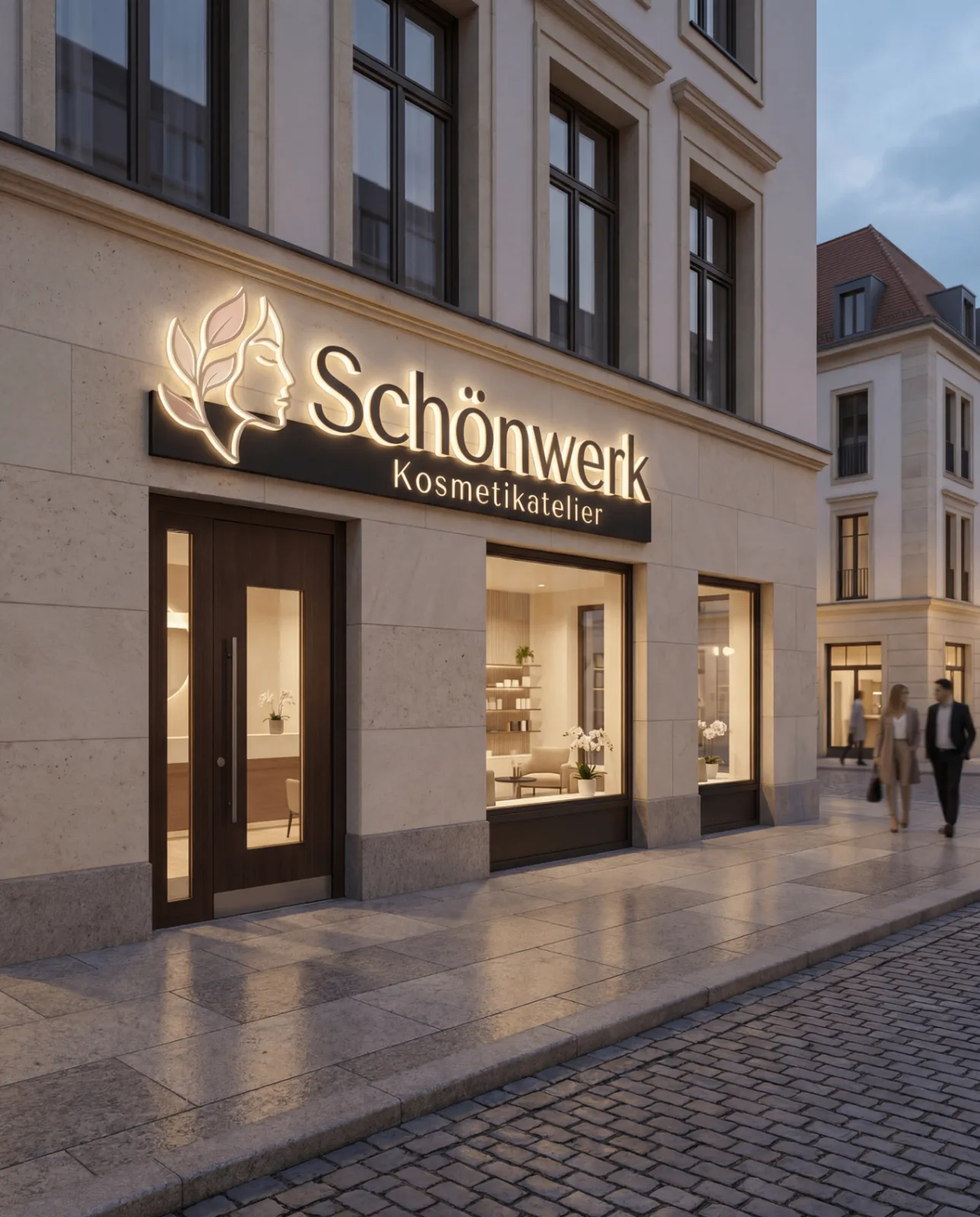 Komplexes beleuchtetes 3D LED Firmenschild an einer Ladenfront.