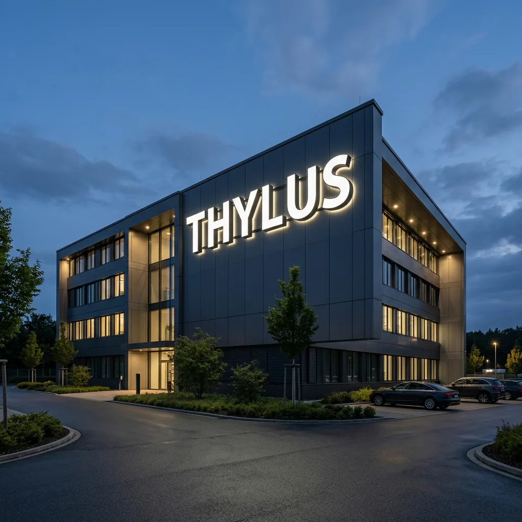 Großes beleuchtetes 3D LED Firmenschild an einer Unternehmensfassade.