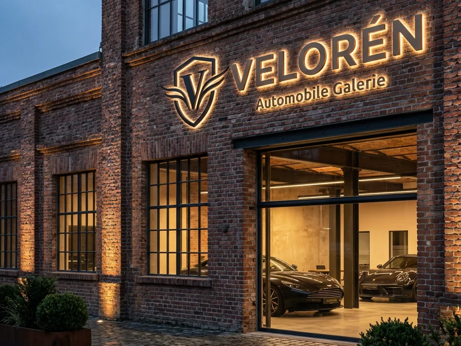 Beleuchtetes 3D LED Firmenschild an einer Backsteinfassade mit hochwertigem Eingangsbereich.