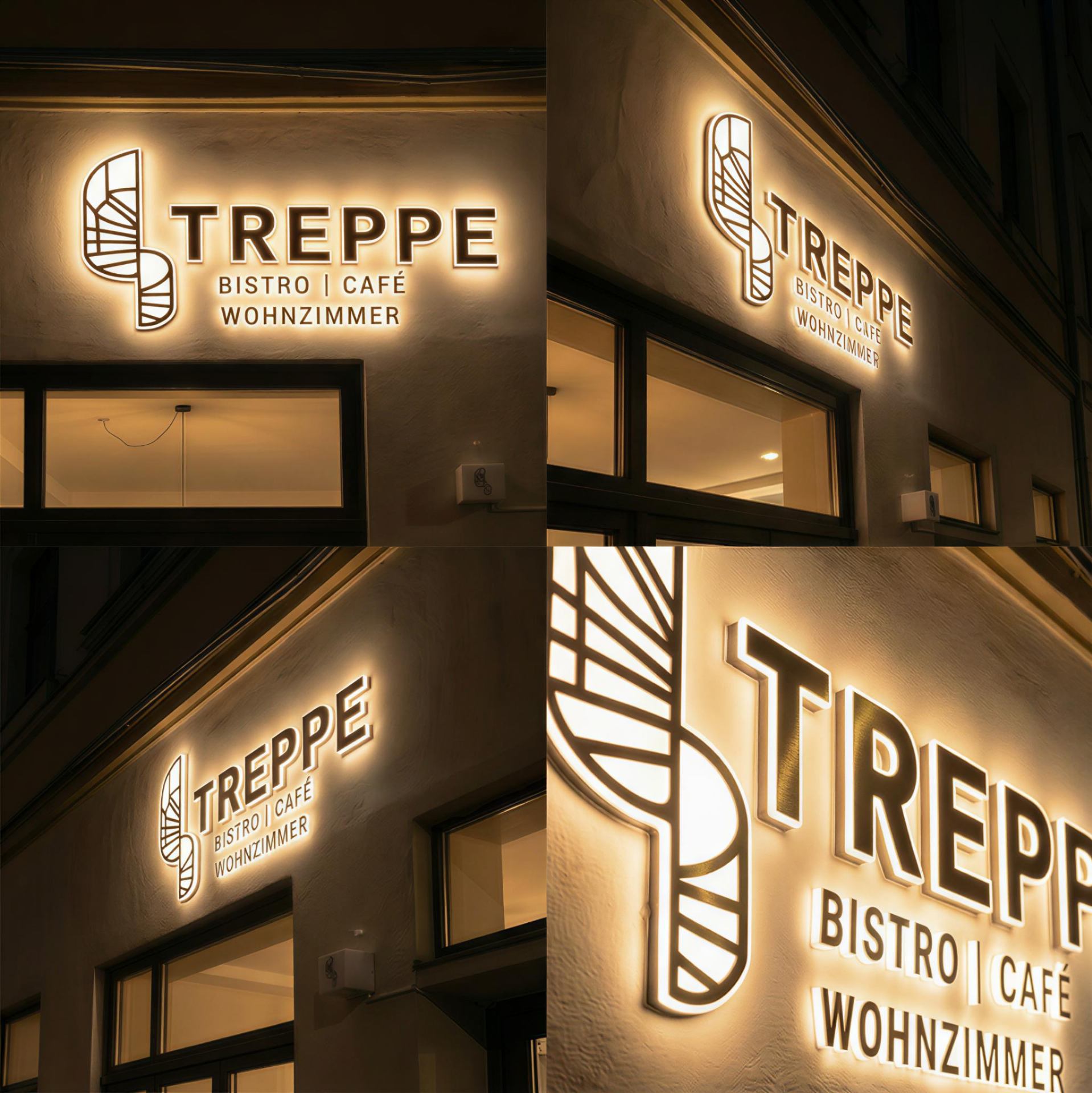 Treppe Bistro Café – beleuchtetes Firmenschild bei Nacht